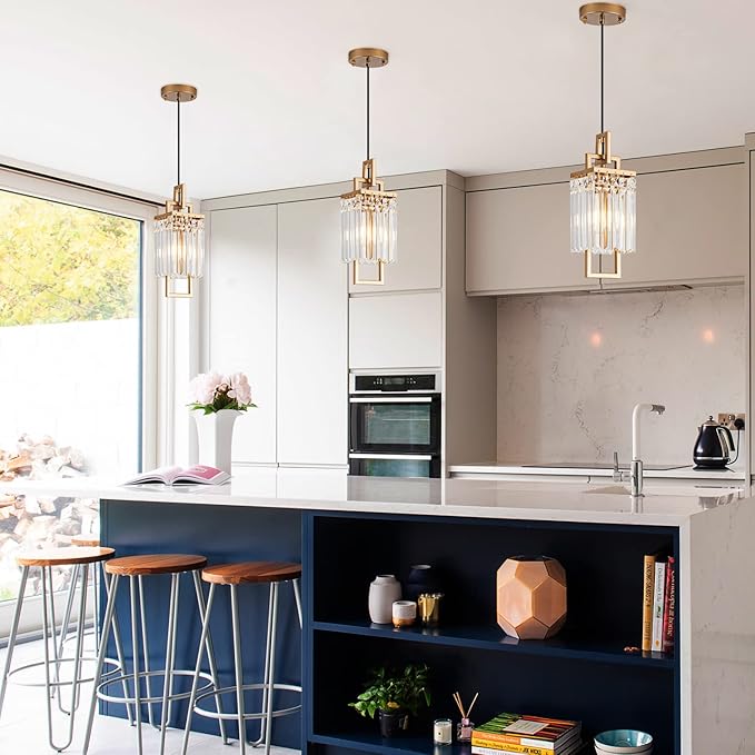 Modern Gold Pendant Light Fixtures for Kitchen Island and Dining Room, Industrial Small Hanging Crystal Chandelier Light Fixture for Bedroom Entryway Living Room Foyer Hallway 1-Pack