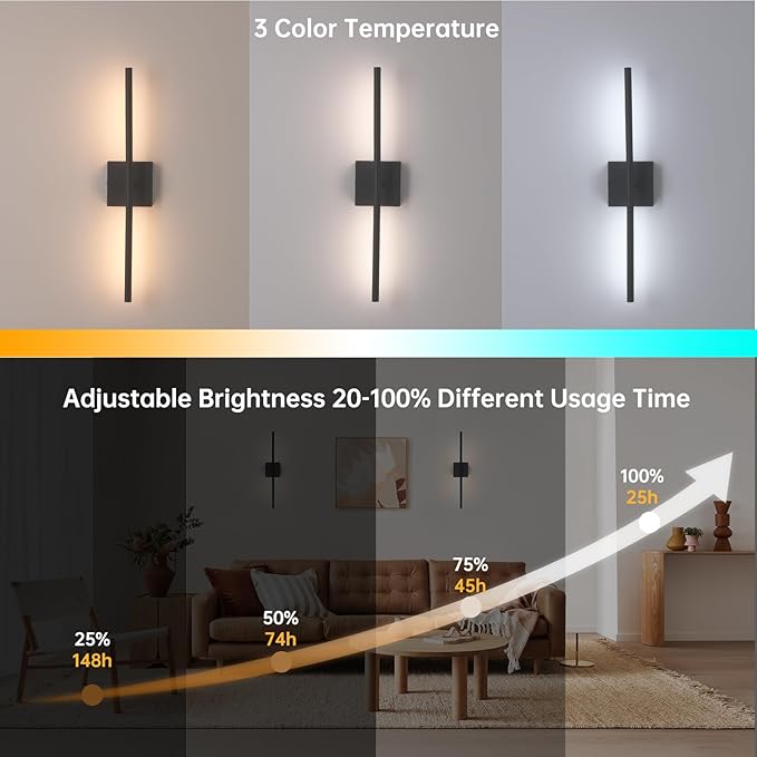 Shenmoyl Battery Operated Wall Sconce Set of 2, 8000mAh Wireless Wall Sconces, 3000K-6000K Dimmable, 350°Rotate, Indoor Wall Lights with Remote for Bedroom Living Room Bathroom, Black, 23.6 Inch
