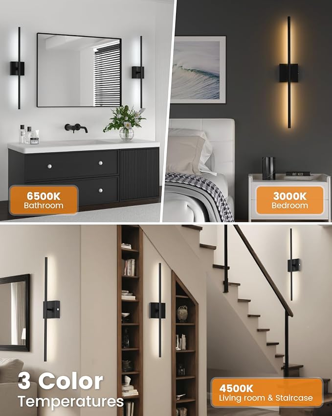 VOLISUN Battery Operated Wall Sconces Set of Two, Rechargeable Wall Sconces with Remote, 3000K-6500K Dimmable Battery Wall Sconce Decor, 27.6'' Wireless Wall Lights for Bedroom, Living Room(Black)