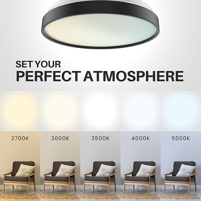 DYMOND 15" Matte Black LED Ceiling Light Dimmable Flush Mount 5-in-1 Adjustable Color Temperature 2700K 3000K 3500K 4000K 5000K Selectable CCT Warm White to Daylight