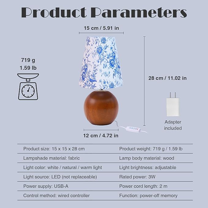 Vintage Wooden Base Fabric Table Lamp, Adjustable Light Color and Brightness with Power-Off Memory, Safe USB Powered, Retro Style LED Light for Bedroom Living Room Office (Blue Flowers)