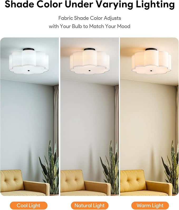 VONLUCE Semi-Flush Mount Ceiling Light, 15.7" Modern 3-Light Ceiling Light Fixture with White Petal-Shaped Shade 3 E26 Sockets for Bedroom Entryway Living Room, Black Finish, ETL Certificated
