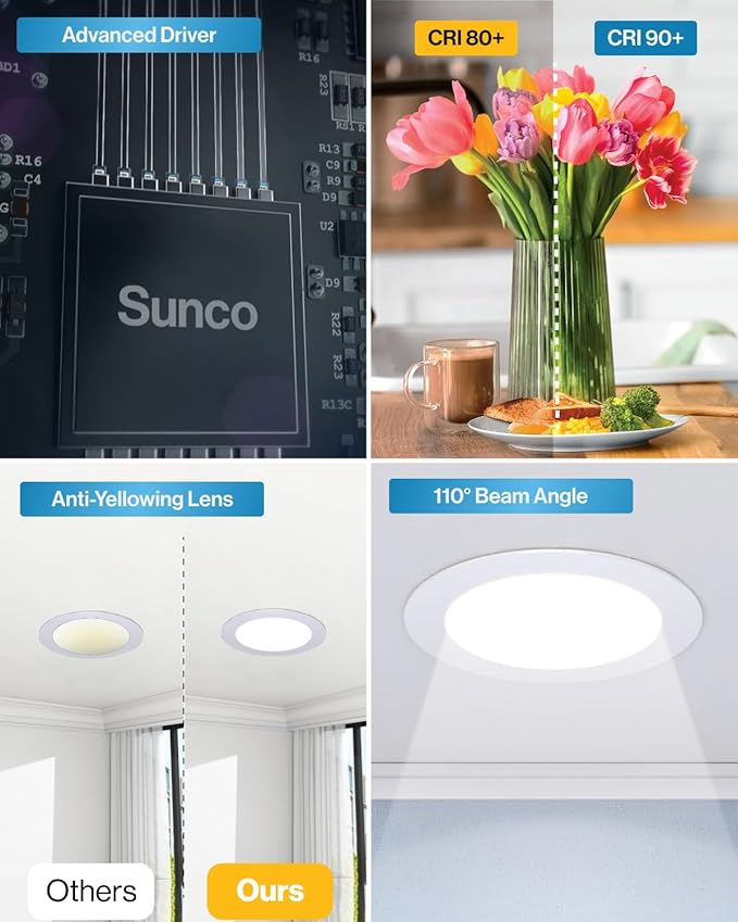 Sunco 24 Pack Recessed Lighting 6 Inch LED, Canless Ceiling Lights Slim with Junction Box, 850 LM, 14W (100W Equivalent), 3000K Warm White, Dimmable, Wafer Thin, 50000 Lifetime Hours ETL