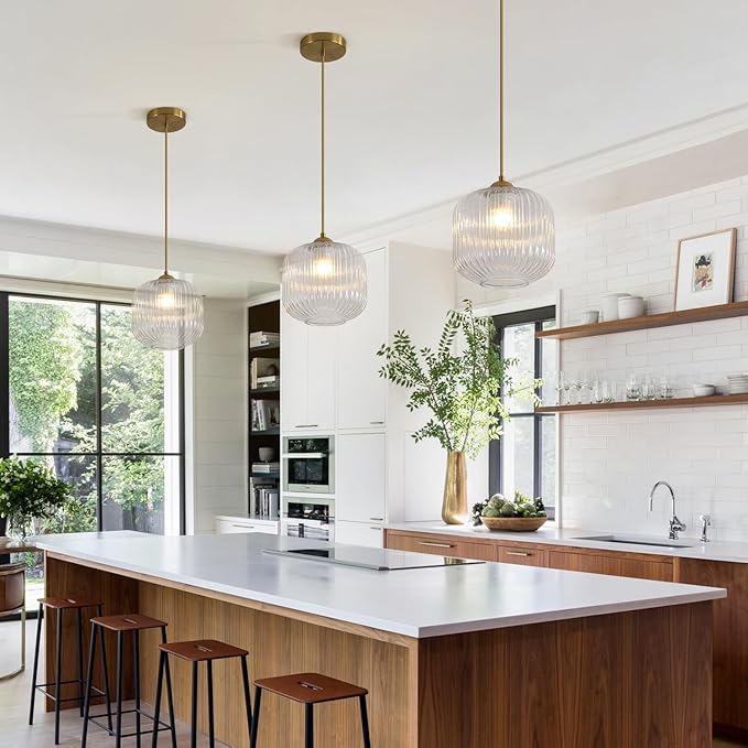 Modern Gold 1 Light Hanging Indoor Kitchen Island Pendant Light Large Single Brushed Brass Hanging Light Fixture Mid Century Clear Glass Globe Pendant Lighting for Dining Room Bedroom MPL30-C