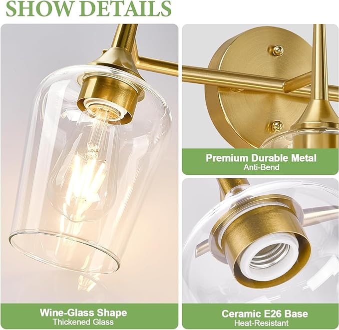 MOKATNG 3-Light Bathroom Light Fixtures, 19.5 Inch Brushed Gold Vanity Lights with Wine-Glass Shape, Bathroom Lights Over Mirror, Modern Wall Lamps for Bedroom Living Room Hallway