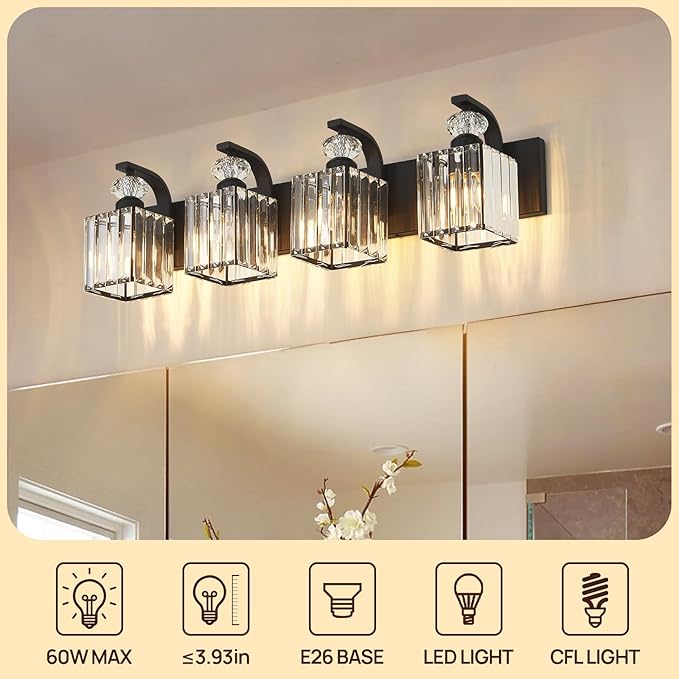 Modern Bathroom Vanity Light, 4-Light Black Bathroom Lighting Fixtures Over Mirror, 28.4" Crystal Wall Light Sconce for Bathroom/Bedroom/Vanity, Includes LED Bulbs, Easy Installation