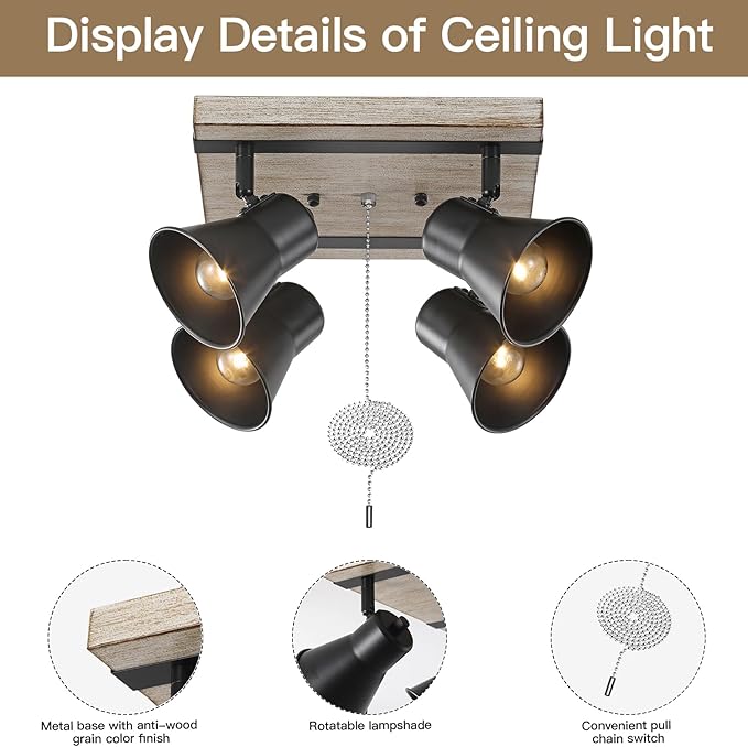 KEESFU 4 Light Kitchen Lighting Fixtures Ceiling Pull Chain Light,Farmhouse Flush Mount Ceiling Light with Rotatable Head,Rustic Light Fixtures for Dining Room Bedroom Hallway.