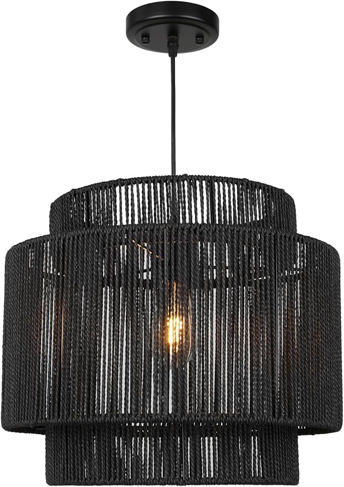 16 Inch Large Natural Simple Hand Weaved Rattan Pendant Lamp, Coastal Beach Black Rope Hanging Pendant Light Fixture for Dining Room Living Room Bedroom Kitchen Foyer