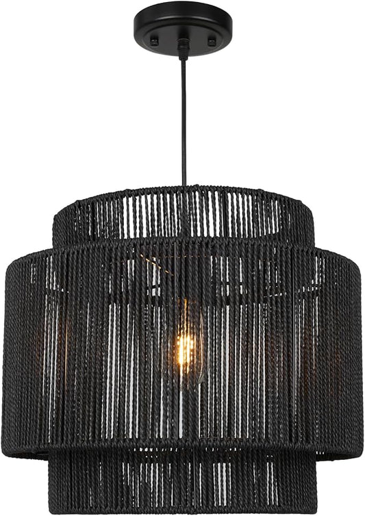 16 Inch Large Natural Simple Hand Weaved Rattan Pendant Lamp, Coastal Beach Black Rope Hanging Pendant Light Fixture for Dining Room Living Room Bedroom Kitchen Foyer
