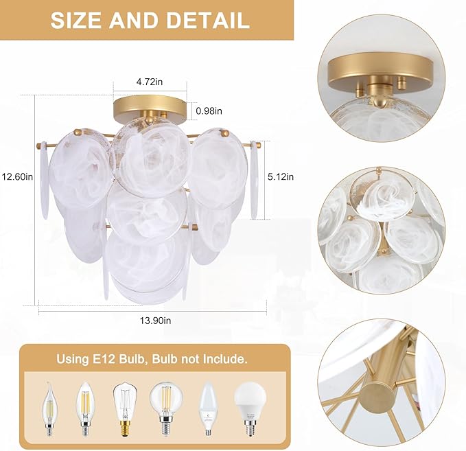 Flush Mount Ceiling Light Chandelier, Gold Glass Mid Century Modern Chandelier Foyer Light Fixtures Ceiling Mount 4 Light with Unique White Round Glass Sheet for Living room Bedroom Entryway Kitchen