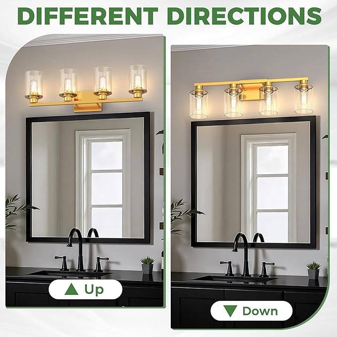 DORESshop 4-Light Vanity Light Fixtures, Gold Bathroom Light Fixtures Over Mirror with Clear Glass Shade, Modern Vanity Lights for Living Room Bedroom
