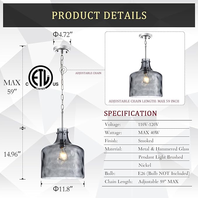 CATINER 16" Extra Large Farmhouse Pendant Light – Hand-Blown Smoked Gray Hammered Glass Shade, Polished Chrome Finish, Adjustable Chain Hanging Light Fixture for Kitchen Island, Dining Room, Hallway
