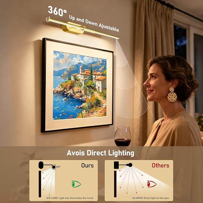 Glendan Wireless Picture Light for Wall: 24" Rechargeable Art Light with Remote & Timer, 8000mAh Battery Operated Poster Lights, 3 Color Modes & 3 Brightness Levels for Pictures, Gallery, Frame