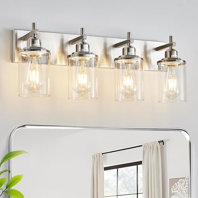 Lanhall 4-Light Brushed Nickel Bathroom Light Fixture Over Mirror Modern Bathroom Vanity Light Vintage Wall Lighting with Clear Glass Shade for Bathroom, Bedroom, Hallway, Cabinet