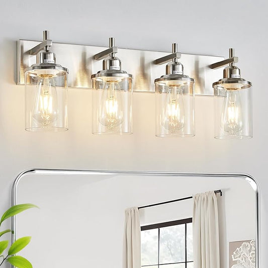 Lanhall 4-Light Brushed Nickel Bathroom Light Fixture Over Mirror Modern Bathroom Vanity Light Vintage Wall Lighting with Clear Glass Shade for Bathroom, Bedroom, Hallway, Cabinet