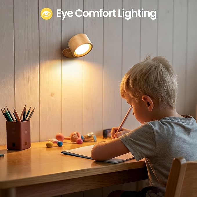 LED Wall Mounted Lamps, Battery Operated Rechargeable Wall Lights, 3CCT & Dimmable, 360°Rotation with Magnetic Ball, Cordless Wall Sconces for Picture Bedside Bedroom Reading, Wood-2 Pack