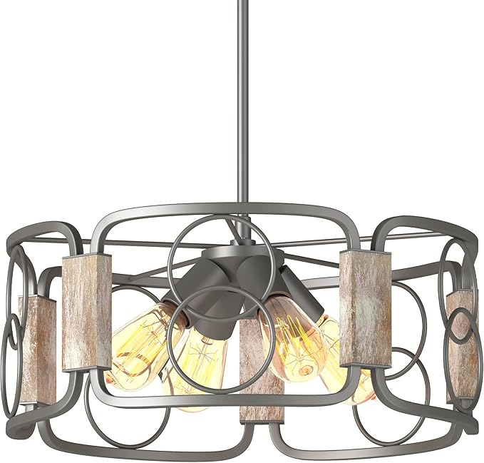 Inlight 16" Modern Farmhouse 4-Light Drum Island Chandelier with Distressed Wood Accents, Brushed Silver Gray Finish, Semi-Flush Convertible Pendant, IN-0336-4-WD