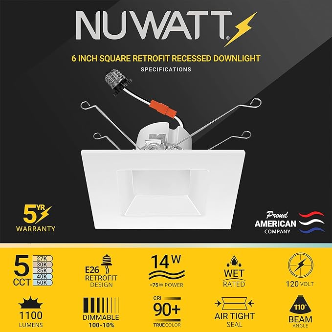 NUWATT 4 Pack, 6 Inch Retrofit LED Square Recessed Lighting, 5CCT 2700K/3000K/3500K/4000K/5000K Selectable, 1100 Lumens 14W, Dimmable 6" Square Downlight, 6 Inch Square Can Light, Wet Rated, ETL, T24