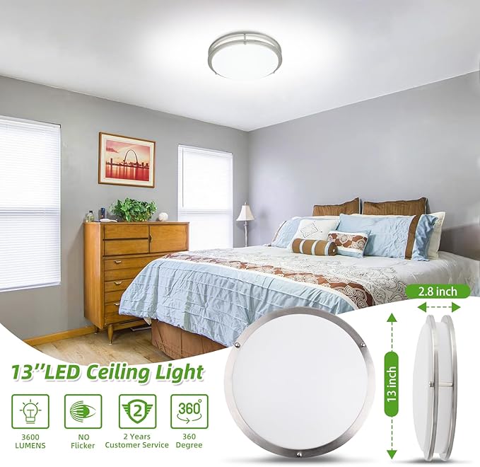 Hlite 36W 13inch LED Flush Mount Ceiling Light Fixture,3600LM Super Bright Light Fixture Ceiling Mount,LED Ceiling Light Flush Mount for Bedroom,Kitchen,Bathroom,5000K Daylight White,Nickel (1Pack)