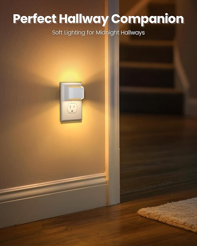 NIORSUN Plug in Night Light, Auto Brightness Sensor Night Light, 3000K Warm White, Ultra-Slim Wall Light for Hallway Bathroom Bedroom Stairs, White, 4 Pack