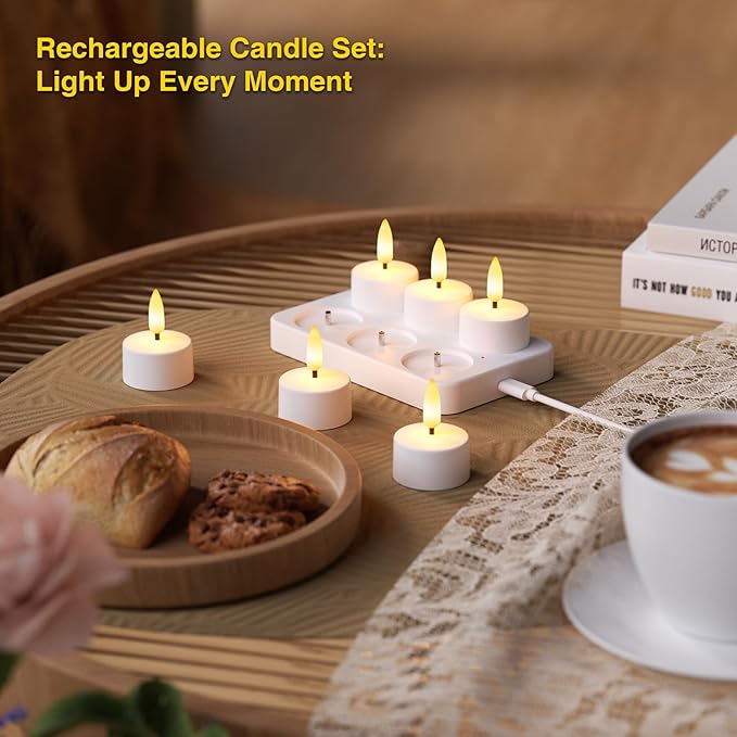 Flameless Tea Lights Candles with Charging Station,LED Tea Lights Candles with Remote Control Timer for Valentine's Day,Wedding,Centerpiece Table Decorations,Anniversary,Home Decor,6-Pack