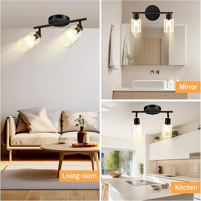 BoostArea Modern 2 Way Black Ceiling Spot Light With Glass Shade and Flexibly Rotatable Head - Perfect for Kitchen, Dining Room, Bedroom, Hallway