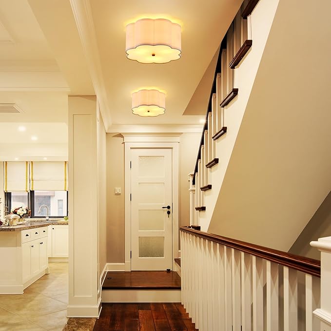 12.99“ Semi Flush Mount Ceiling Light Fixture Modern 3-Lights Gold Drum Ceiling Lighting Vintage Linen Ceiling Lamp for Laundry Room, Kitchen, Basement, Dining Room, Bedroom