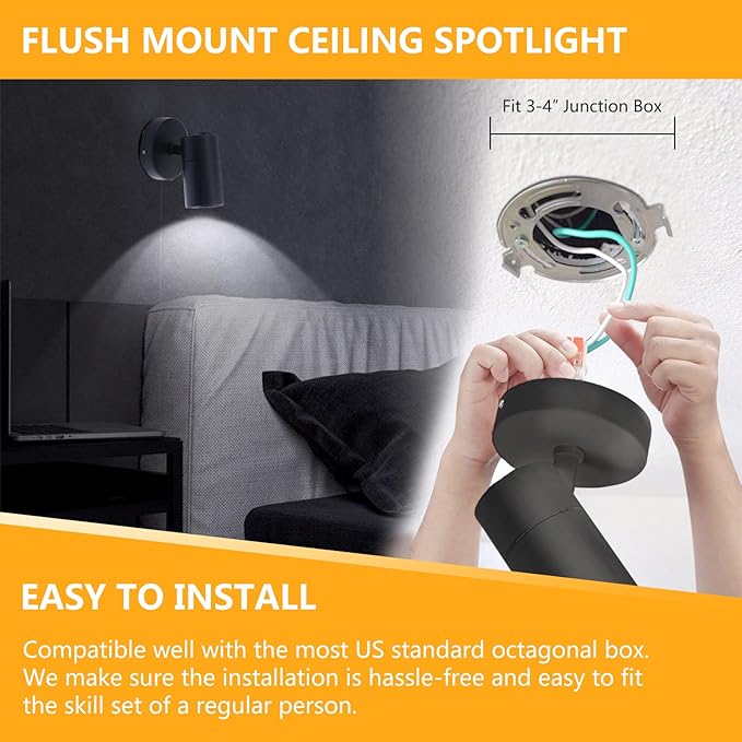 VANoopee 3-Color Dimmable LED Ceiling Spotlight Flush Mount Adjustable Spotlight Directional Spot Lights Indoor Bright Accent Fixture for Living Room Bedroom - CRI90 36° Flicker Free 10W 1000lm Black
