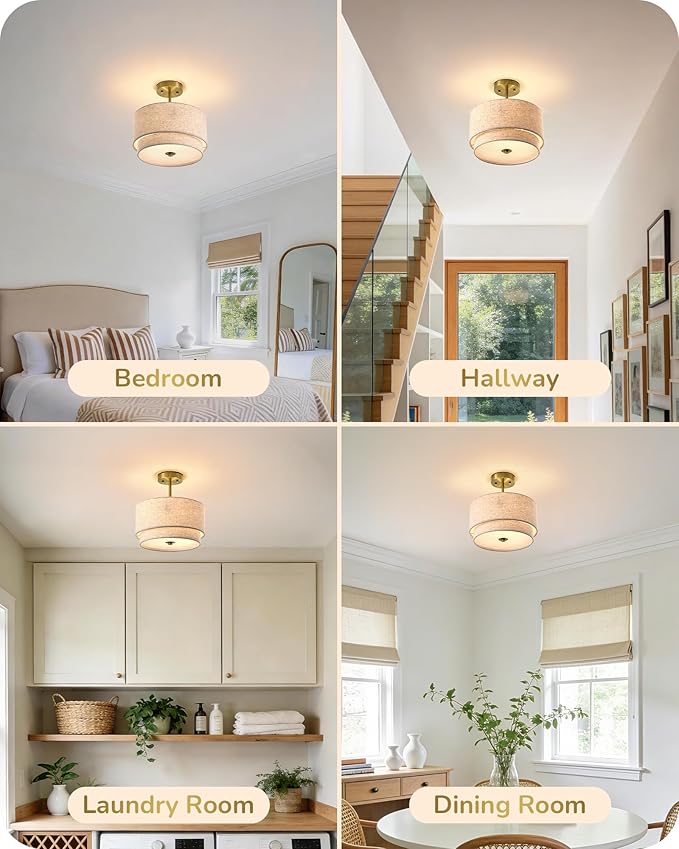 EDISHINE 12.6Inch Semi Flush Mount Ceiling Light, 3-Light Close to Ceiling Light Fixtures with Double Drum Linen Fabric Shade, Modern Mount Lamp for Bedroom Hallway Dining Room, Brushed Gold