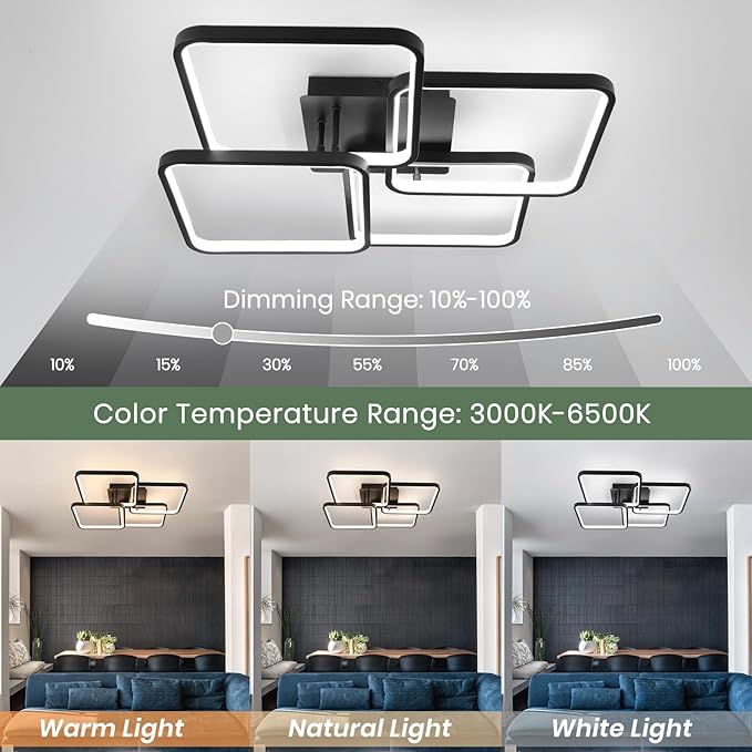 EIDISUNY Modern Led Ceiling Light Fixtures for Living Room, Dimmable Square Ceiling Lighting Fixture with Remote Control, 3 Colors Flush Mount Ceiling Light for Dining Room, Kitchen, Living Room