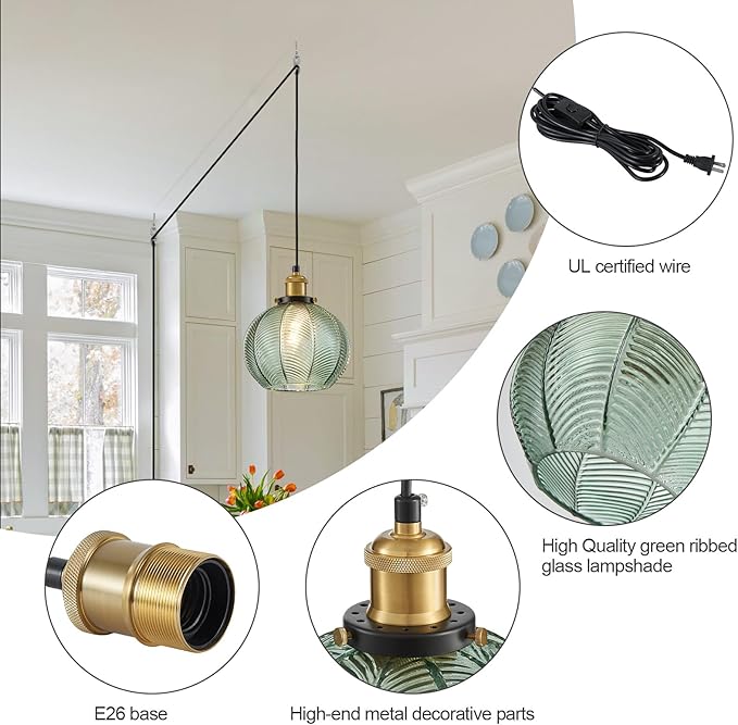 Modern Plug in Hanging Light 2-Light, 7.8 Inch Glass Pendant Light with Plug 14.76 FT Adjustable in Cord, Vintage Green Hanging Lamp for Dining Room Bedroom Kitchen Island Bathroom E26