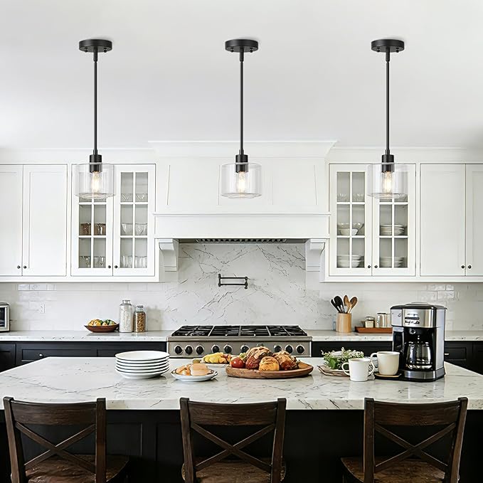 Black Pendant Lights Kitchen Island 2 Pack, Modern Clear Glass Hanging Light Fixtures with Rods, Mini Kitchen Pendant Lighting Over Island for Sink Bathroom, OS-YQ8153-2PBKC