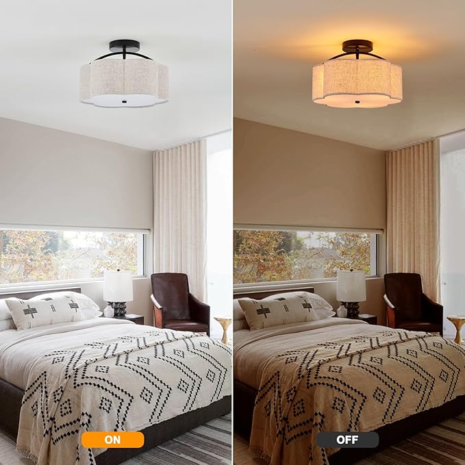 13.78" Semi Flush Mount Ceiling Light Modern 3-Lights Black Drum Ceiling Light Fixture with Fabric Linen Shade, Vintage Modern Ceiling Lighting for Laundry Room, Kitchen, Basement, Bedroom