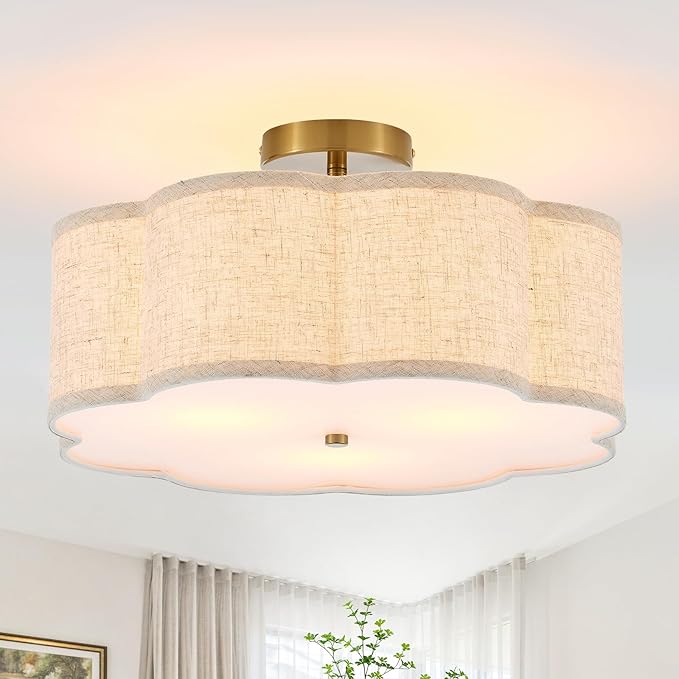 18" Semi Flush Mount Ceiling Light Modern 3-Lights Gold Drum Ceiling Light Fixture with Fabric Linen Shade, Vintage Ceiling Lighting for Living Room, Kitchen, Basement, Laundry Room, Bedroom