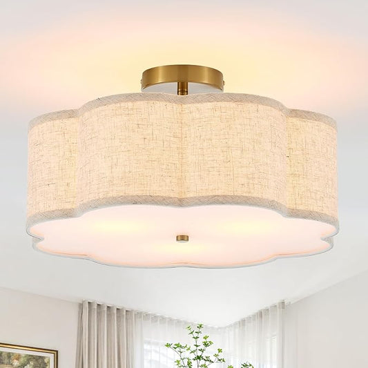 18" Semi Flush Mount Ceiling Light Modern 3-Lights Gold Drum Ceiling Light Fixture with Fabric Linen Shade, Vintage Ceiling Lighting for Living Room, Kitchen, Basement, Laundry Room, Bedroom