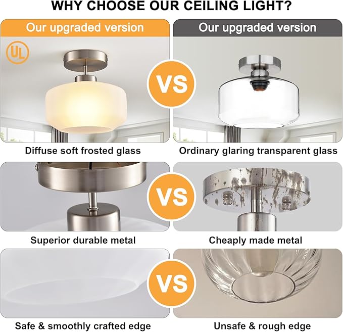 Industrial Nickel Matte Light Fixtures Ceiling Mount, with Frosted Glass Shades Semi Flush Mount Ceiling Light, for Hallway Fixtures Kitchen, Foyer