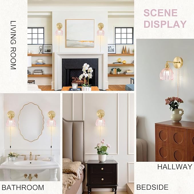 Plug in Wall Sconces Set of 2, Vintage Wall Sconce Light with Tulip Pink Glass Lampshade, Bedroom Wall Sconce with Switch and Plug in wall lamp Cord, Gold Wall Light Wall Decor Set of 2