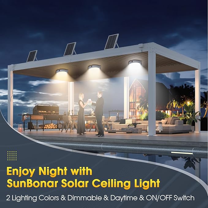 Solar Lights Indoor Home, Daytime Dimmable Ceiling Light with Remote, Cool White/Warm White 1000Lumen Outdoor Solar Shed Light with ON/Off Switch for Barn, Porch, Patio, Carpot, Chicken Coop