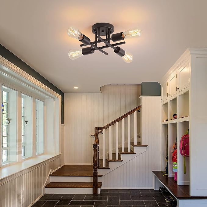 4-Light Semi Flush Mount Ceiling Light Fixtures, Black Mid-Century Modern Industrial Farmhouse Metal Chandelier Lighting Fixtures for Entryway Hallway Bedroom Kitchen Dining Room UL Listed