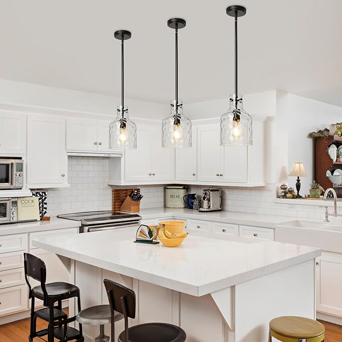 WILON Industrial Glass Pendant Lights for Kitchen Island, Modern Black Pandent Light Fixture 7" Hammered Glass Shade Farmhouse Pendant Lights Adjustable Rod Hanging Light for Kitchen Sink Dining Room