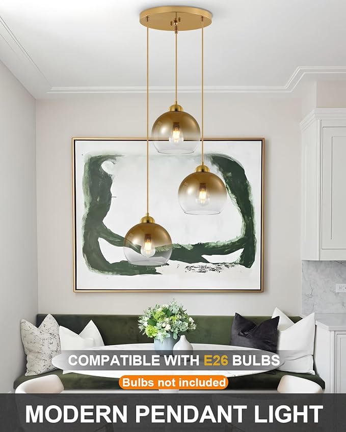 Modern Gradient Gold Glass Pendant Light,3-Light Globe Adjustable Hanging Pendant Light for Bedroom Kitchen Island Dining Room Stairwell