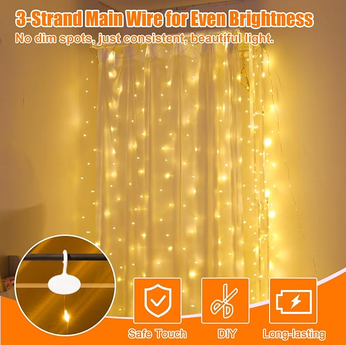 600LED Curtain Lights for Bedroom, 19.6ft x 9.8ft Fairy Curtain String Light with 24 Hooks, 8 Modes Hanging Lights for Wedding, Party, Backdrop, Window, Xmas Decor, Warm White