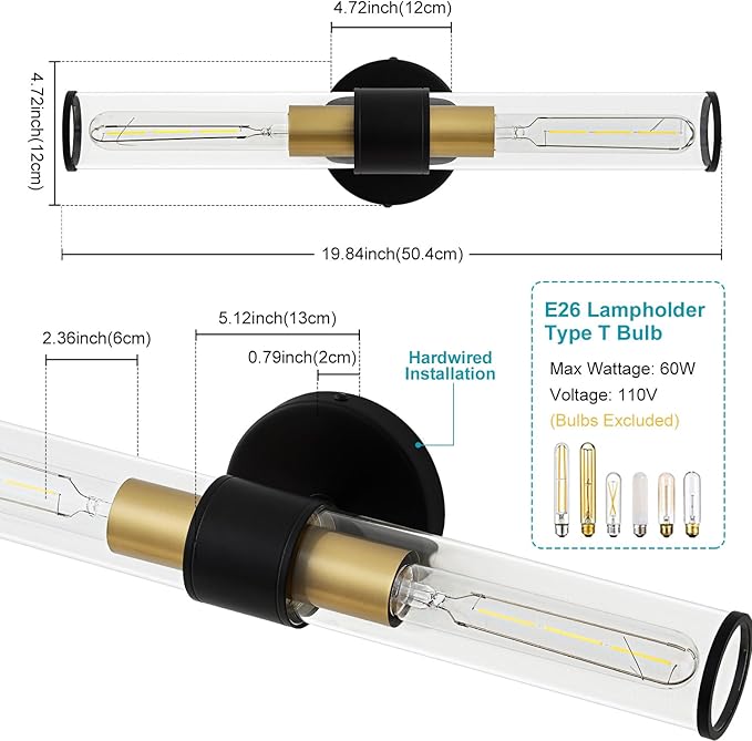 Black and Gold Wall Sconce, Bathroom Light Fixtures in Clear Glass Indoor Wall Sconces, Modern Sconce Wall Lighting Up and Down Vanity Lights Fixtures for Bathroom - Bulb Not Included