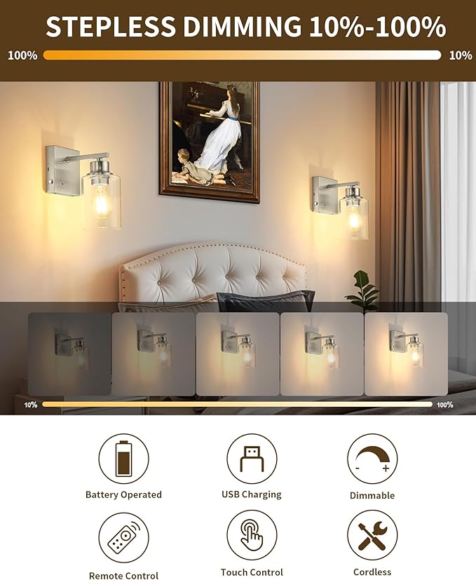 Rayogale Wireless Wall Sconces, Nickel Battery Operated Wall Sconce Set of 2 with Timer Function, Easy Install Dimmable Rechargeable Wall Lamps for Living Room, Bedroom, Hallway, Entryway Decor 3000K