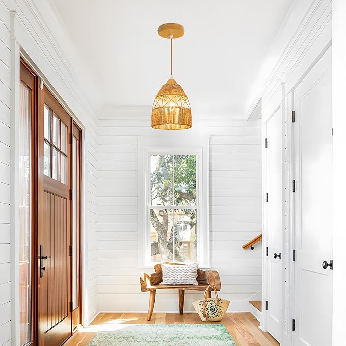 2 Pack Boho Rattan Pendant Light Kitchen Island,Farmhouse Chandeliers Adjustable Height Hanging lamp for Dining Room,Kitchen Ceiling Lights Fixtures with Hand Woven Wicker Lampshade Lighting