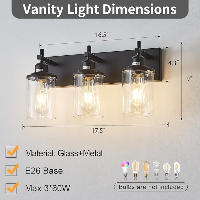 Lanhall 3-Light Black Bathroom Light Fixture Over Mirror Modern Farmhouse Bathroom Vanity Light Vintage Wall Lighting with Clear Glass Shade for Bathroom, Bedroom, Hallway, Cabinet