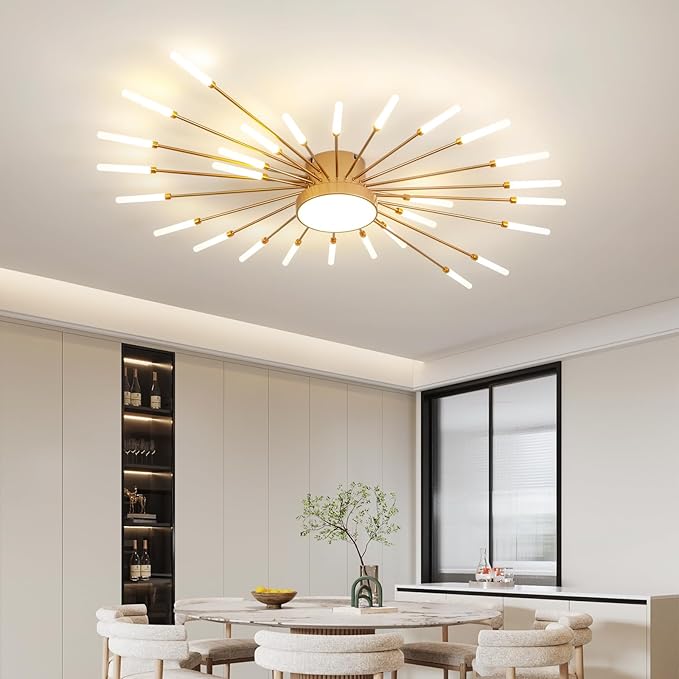 ziidoo Modern Ceiling Light, 28+1 Lights Metal Firework Designed Chic Led Lighting Fixture for Farmhouse Kitchen Dining Room Bedroom Hallway Living Room (Gold and Dark Gold)