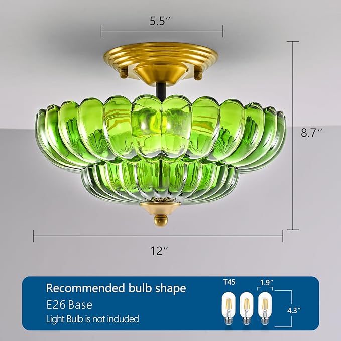 HuixuTe Modern Semi Flush Mount Ceiling Light, 3-Light Black Close to Ceiling Light Fixture with Green Glass Shade for Living Room Entryway Bedroom
