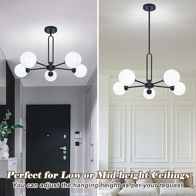 Modern 5-Light Globe Sputnik Chandelier - Large Semi-Flush Dining Room Light, Black Glass Pendant for Kitchen, Living Room, Bedroom, Farmhouse