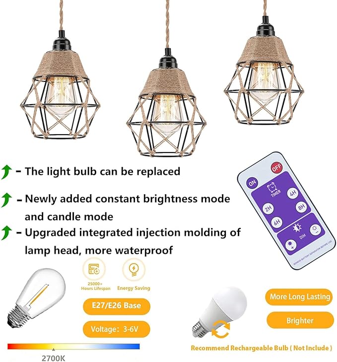 2X Battery Operated Pendant Lights Kitchen Island Chandelier for Outdoor Gazebo Hanging Lamp with Remote LED Bulbs Bohemian Decor for Plant Shelf Shelves Porch Bedroom Living Room Corner